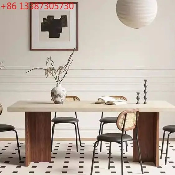 

French retro style solid wood multi-layer board dining table travertine rock board dining table modern and simple