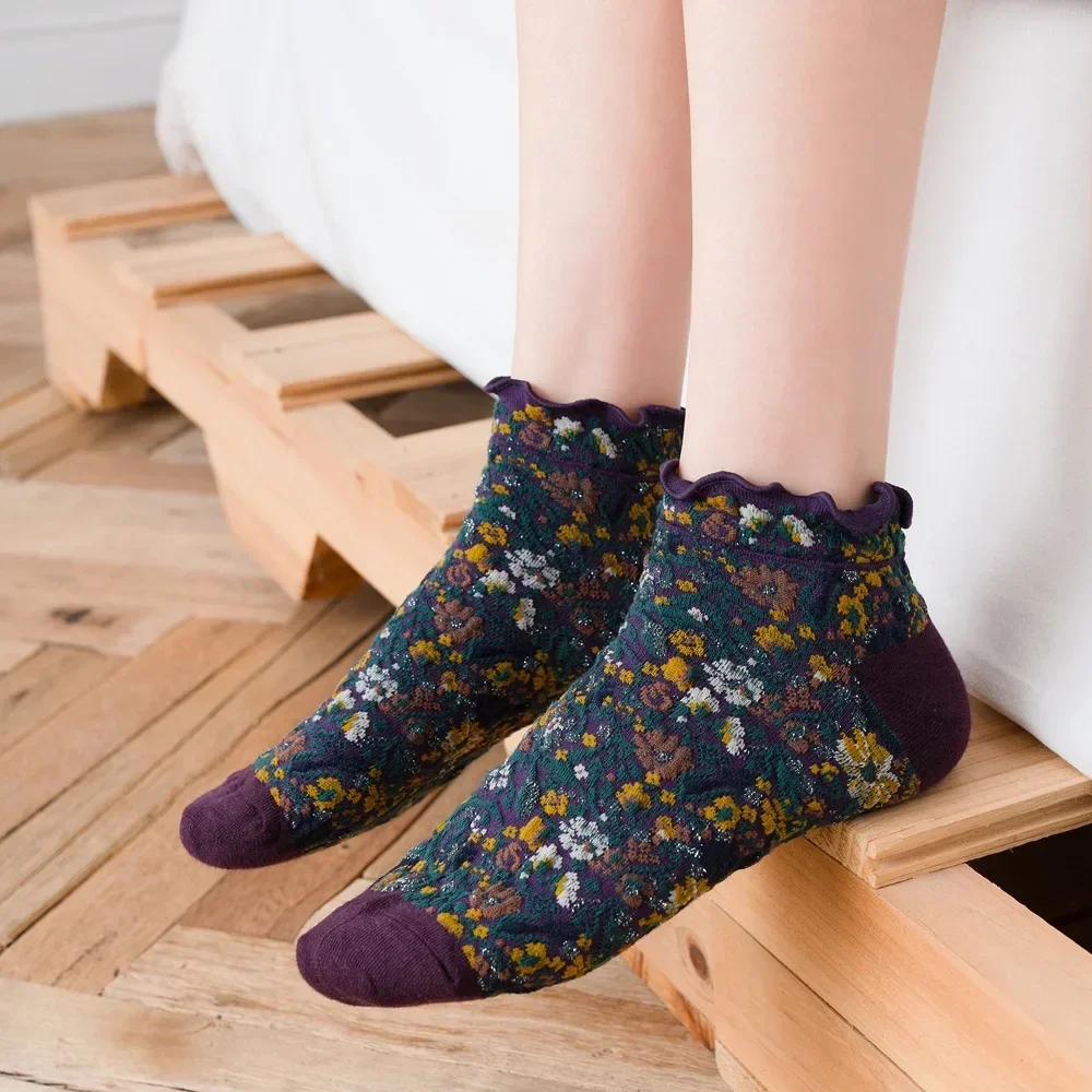 Calcetines con volantes florales para mujer, moda coreana, calcetines bonitos bordados para mujer, calcetines tobilleros Retro Harajuku transpirables de algodón para verano