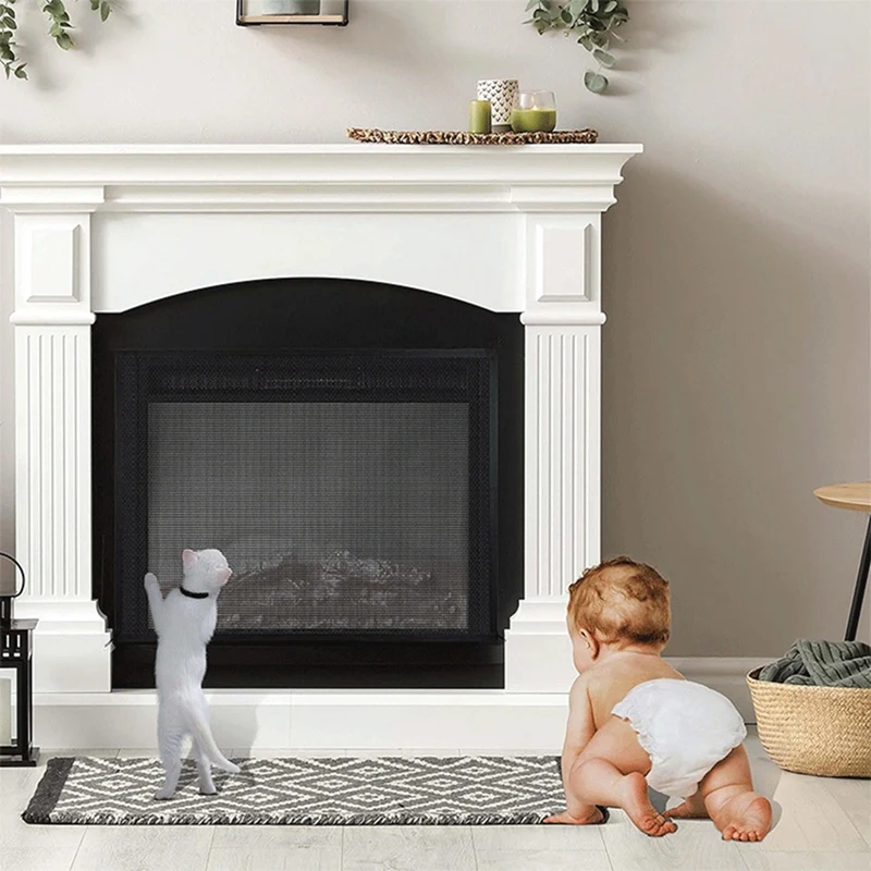 Fireplace Screen Mesh Cover PVC Fireplace Cover Pet Proof With Hooks And Loops Fireplace Safety Cover For Kids Easy To Use