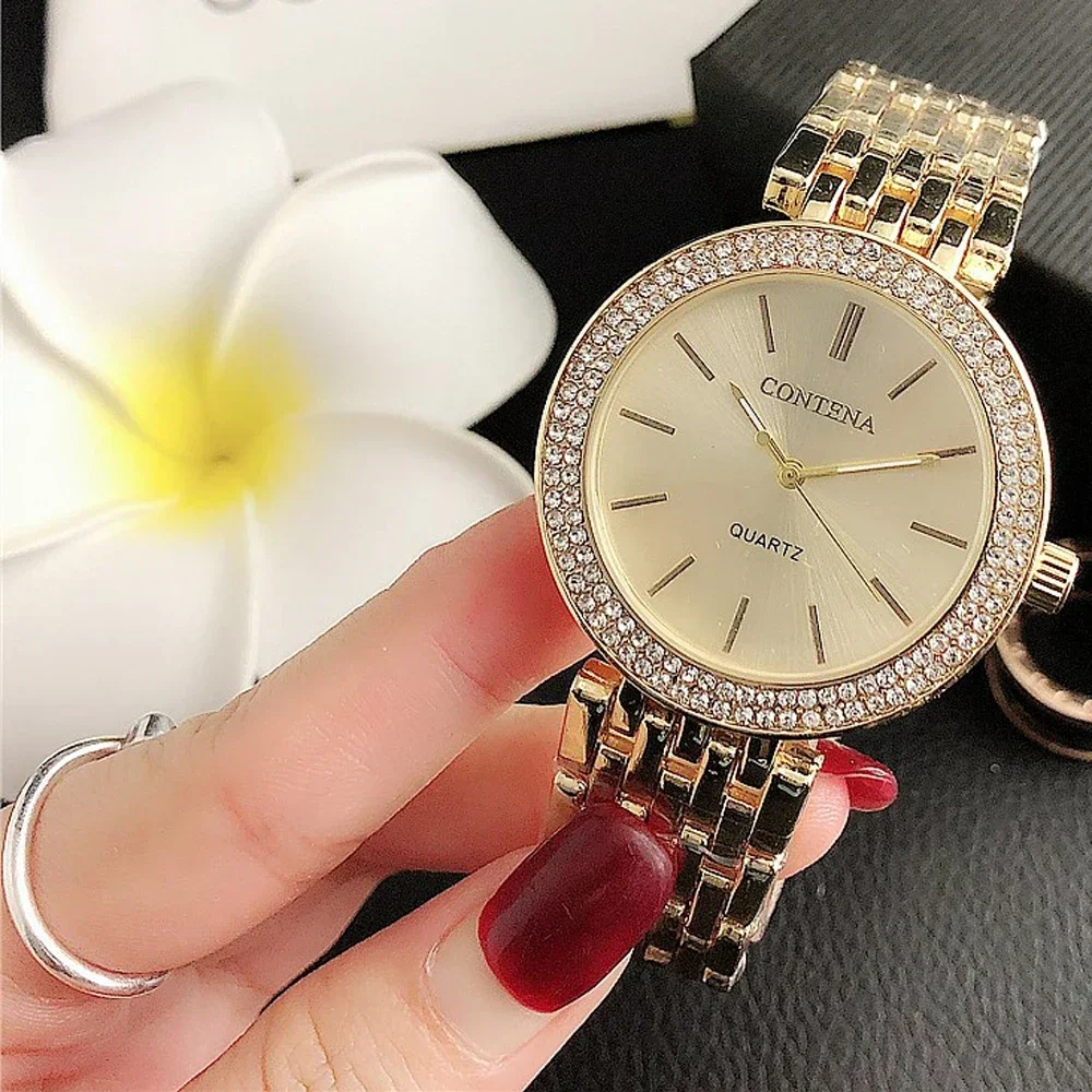 Reloj Mujer New Gold Watch For Women Fashion Fashion Casual Round Rhinestones Quartz Luxury Ladies Wristwatches Relogio Feminino