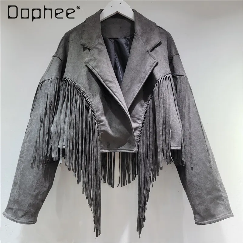 

Модное короткое пальто с кисточками, универсальная свободная повседневная куртка для женщин, модный пиджак с воротником, пальто, женская осенняя куртка