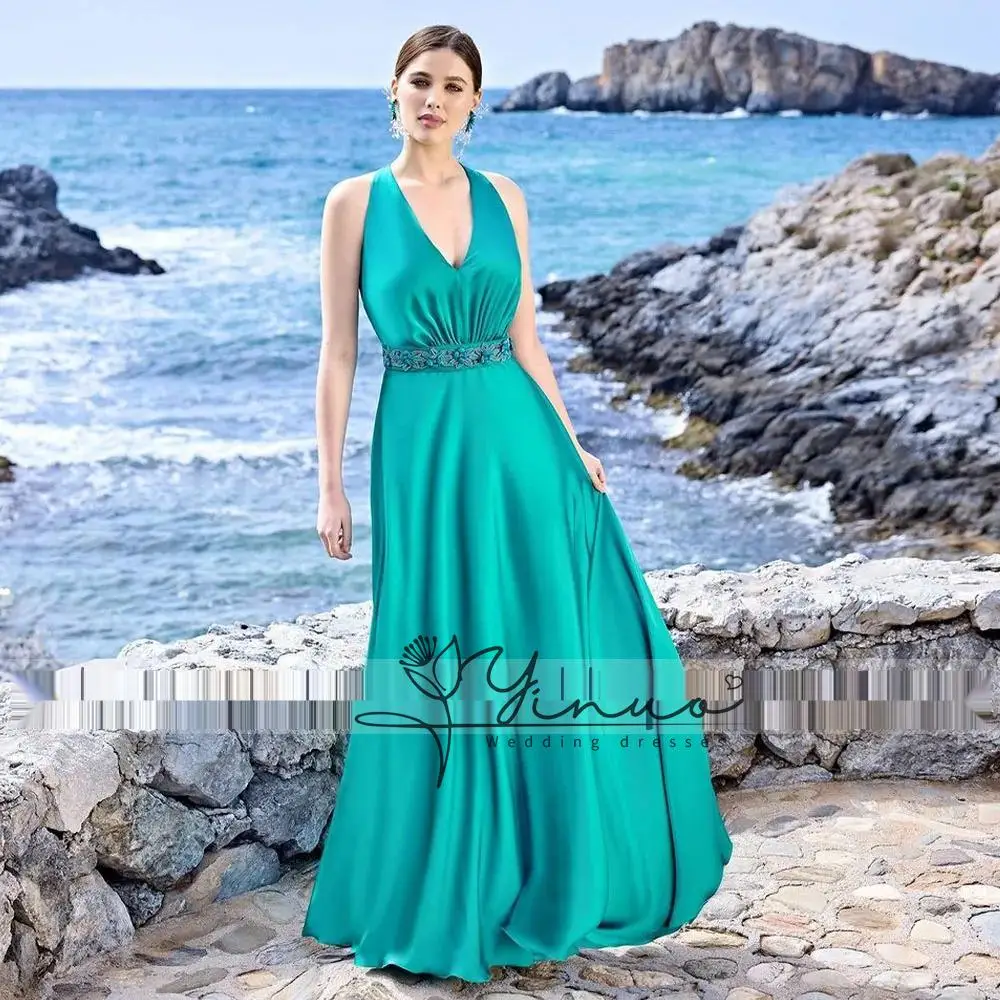 Women's Evening Dresses for Wedding Satin A Line V Neck Elegant Wedding Guest Gown Long Beaded Belt Sleeveless Formal Dress 2025