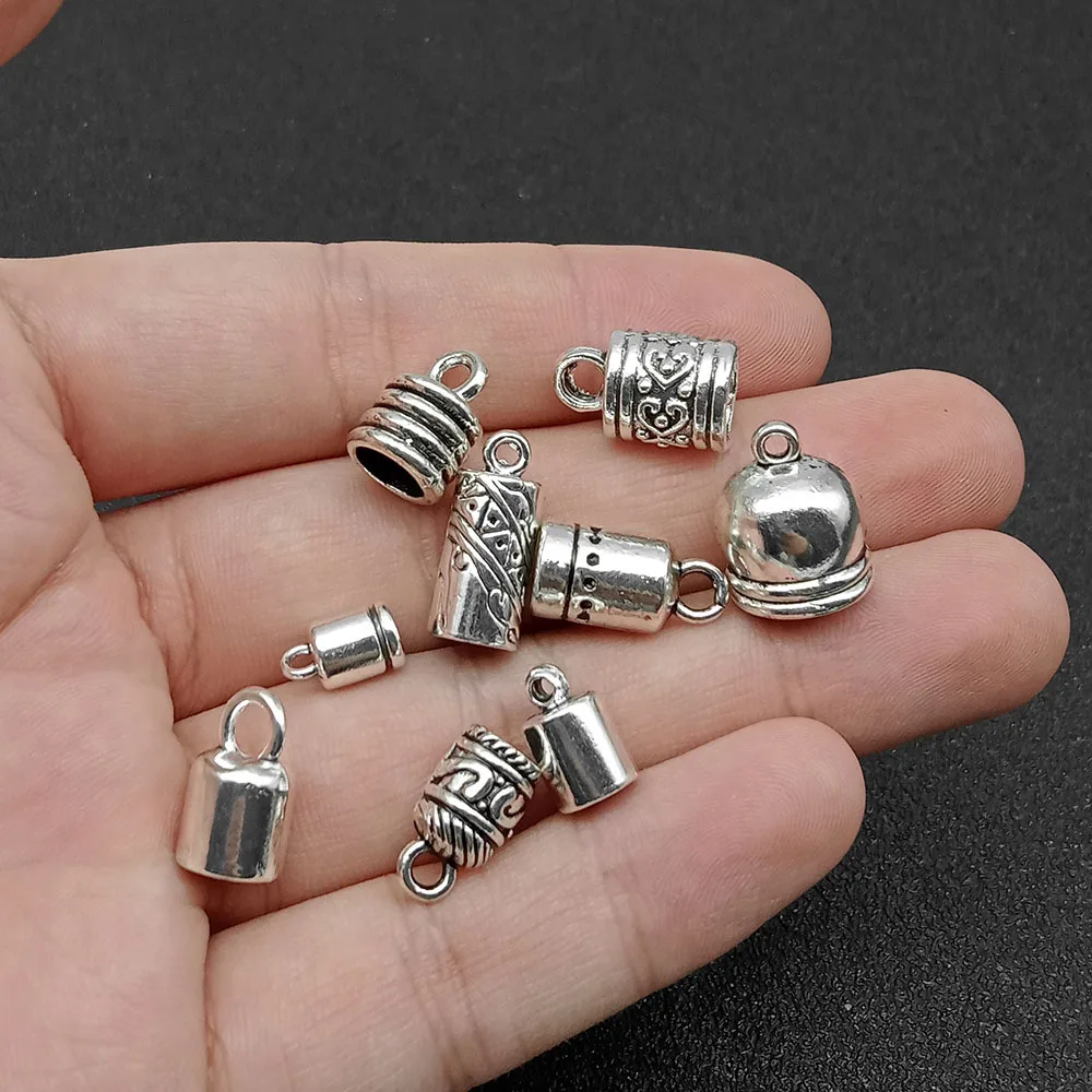 10pcs Antique Silver Crimp Cord End Cap Barrel with Loop for Beading Tassels Wire Thread Earring Bracelet Jewelry DIY Craft Make