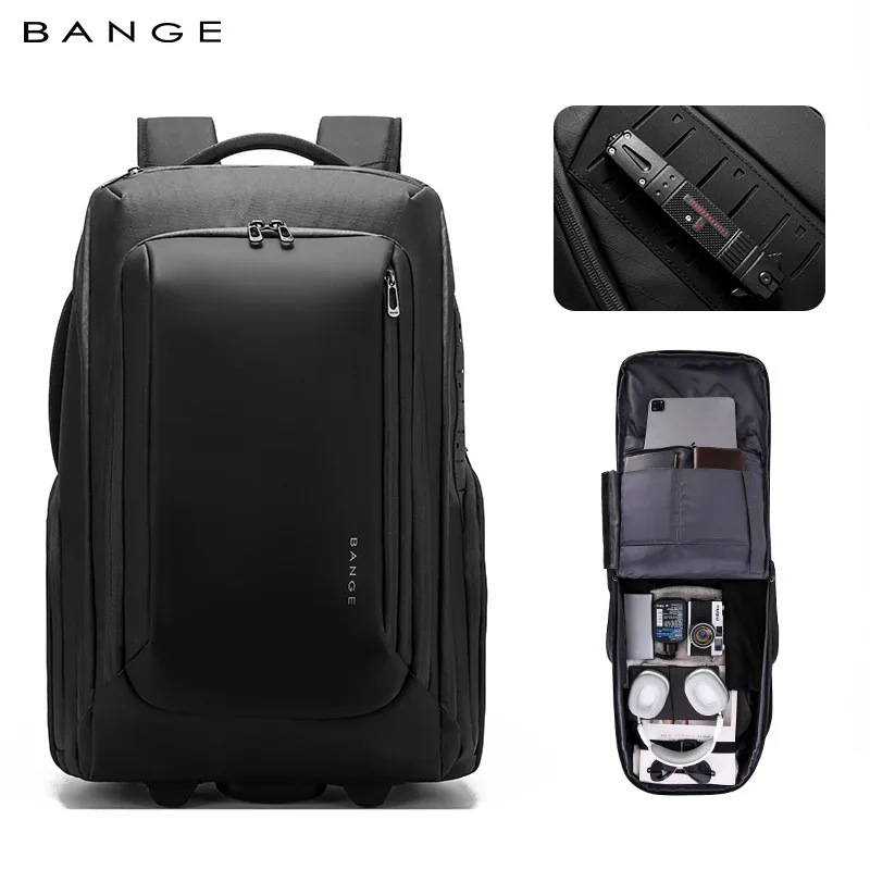 BANGE Men's Business Travel Rod Backpack 15 Inch Large Capacity School Backpack Hiking Business Waterproof Luggage with Wheels