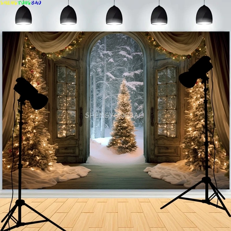Рождественская елка с подарочными коробками, фоны для фотографий, зимние снежные украшения, деревянная дверь, камин, фон для комнаты, реквизит WR-08