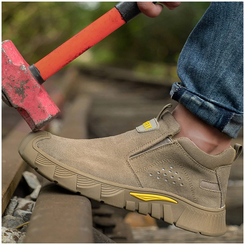 men casual breathable steel toe covers working safety boots cow suede leather welding shoes worker security ankle botas protect