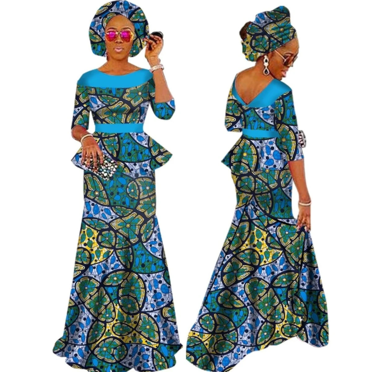 

African Clothes for Women Top Skirt Set Robe Africaine Party Wedding Outfits 2 PcsSet with African Headwrap WY1630