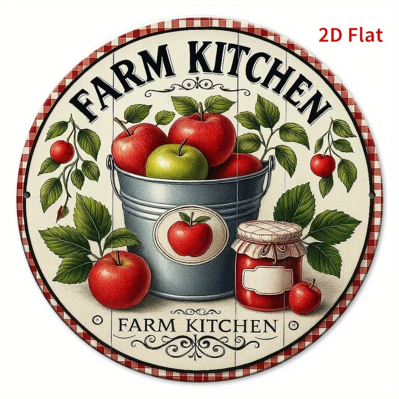 2D Flat - 1pc Country Style Apple And Red Berry Plaid Wall Decor Sign - Aluminum Metal Kitchen Decoration with Cider Design, Was