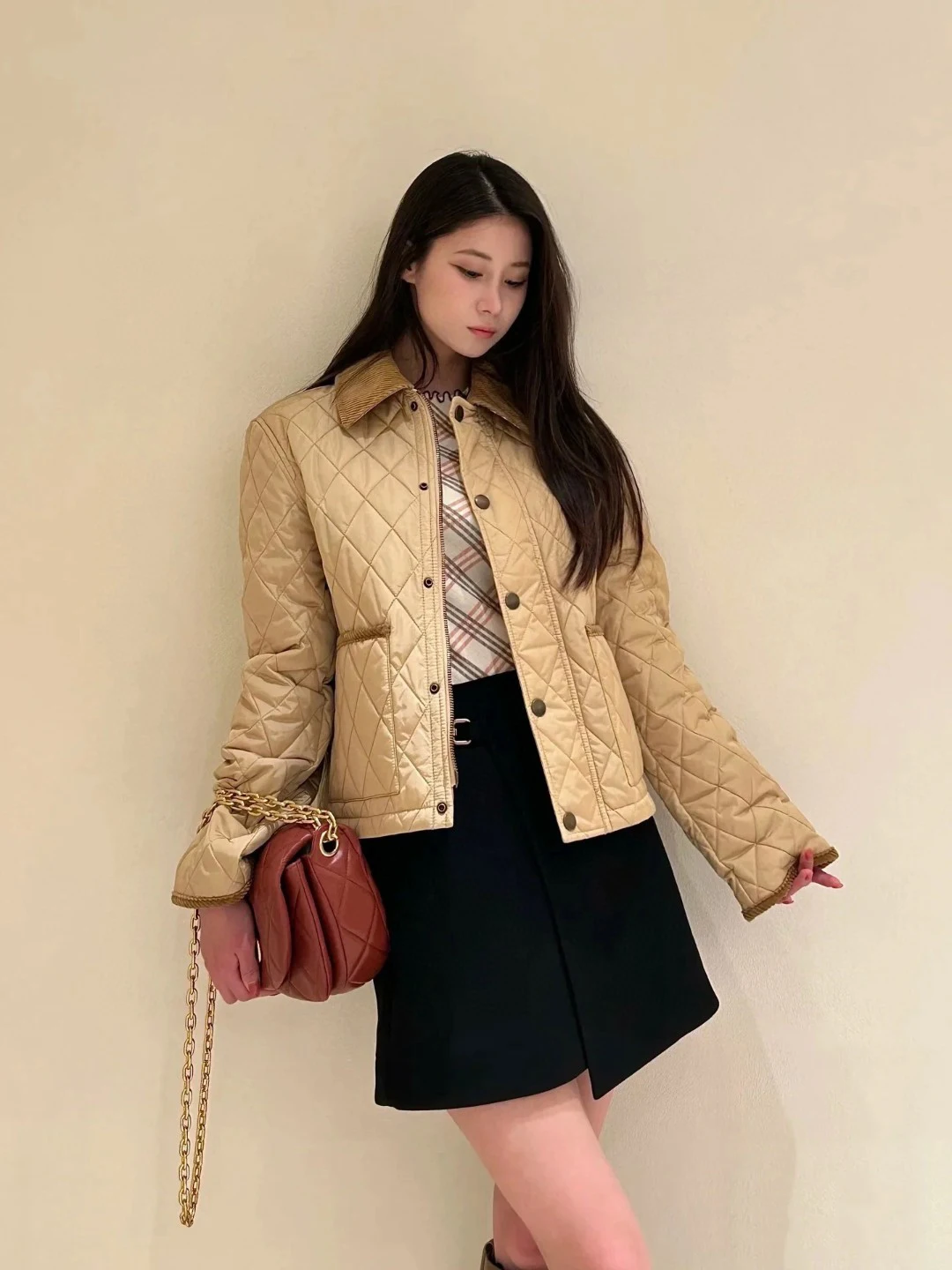 Comfortable Soft Retro British Style Women's Cotton Jacket  Collar Single Button Pure Color Diamond Pattern Winter Coat