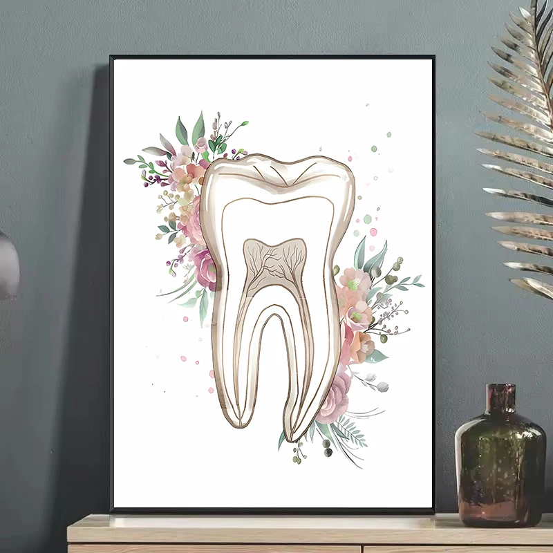 Teeth Anatomy Art Floral Painting, Watercolor Dentistry Posters, Wall Photos for Dental Clinic Decor, Oral Health Canvas Prints