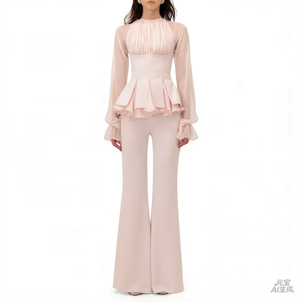 

Индивидуальный элегантный вечерний костюм светло-розового цвета с прозрачными длинными рукавами, плиссированный, с драпировкой, для свадеб, вечеринок и выпускных балов