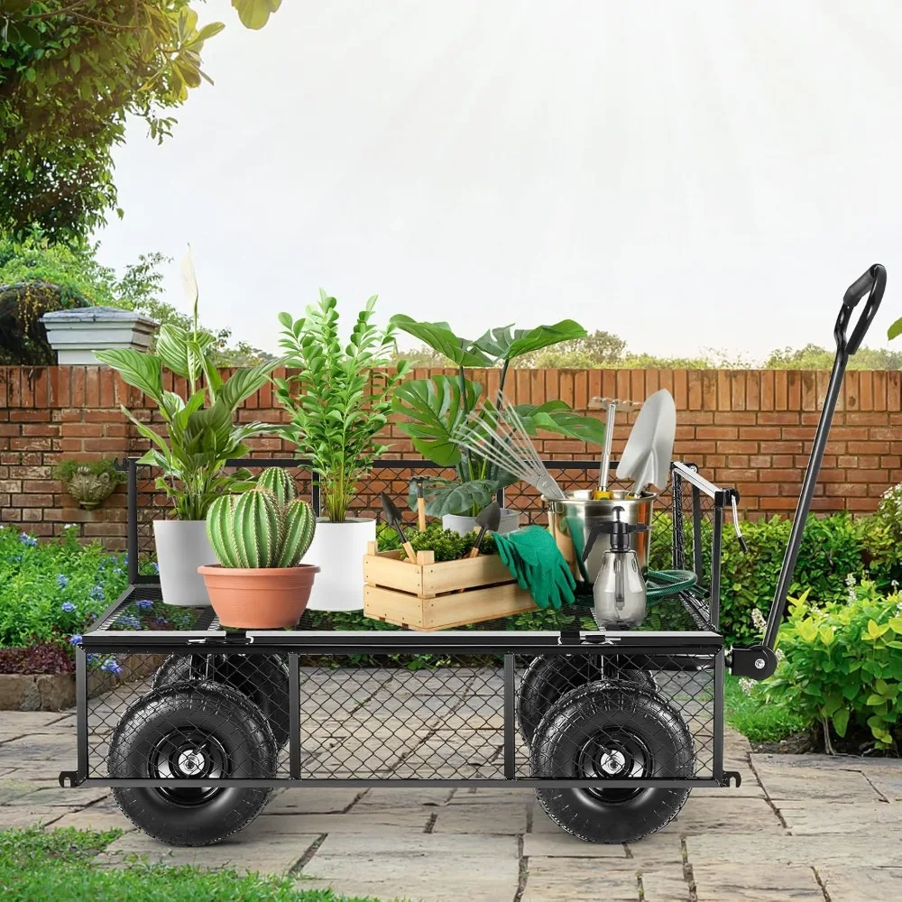 

880LB Heavy Duty Garden Cart on Wheels, Professional Utility Wagon with 180° Rotating Handle, Foldable Mesh Sides, Customized
