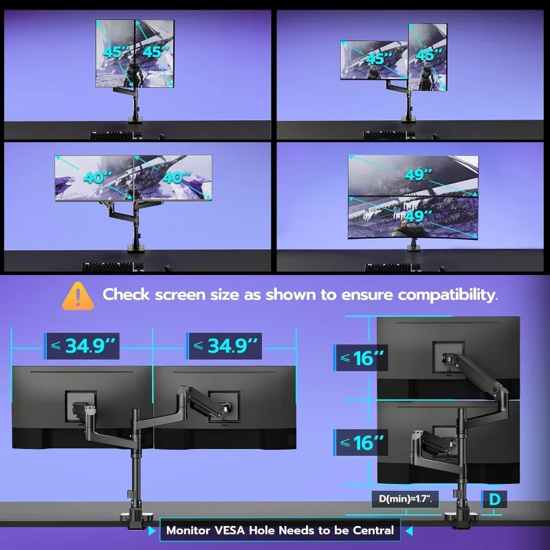 Supporto da scrivania con braccio doppio per monitor per monitor ultra larghi da 17-49 pollici, supporto per doppio monitor resistente può contenere 44 libbre, movimento completo