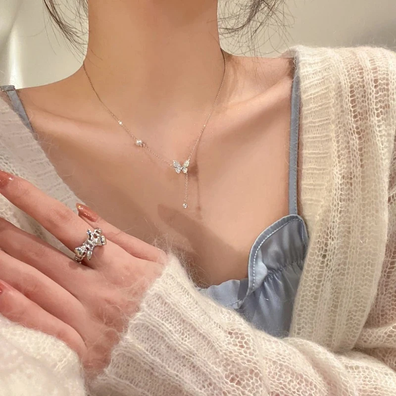 Hot-Seller Butterfly Y-Drop Lariat Necklace Single Round Pearl Bezel Set Tiny CZ Dainty Thin Cable Chain Jewelry For Women