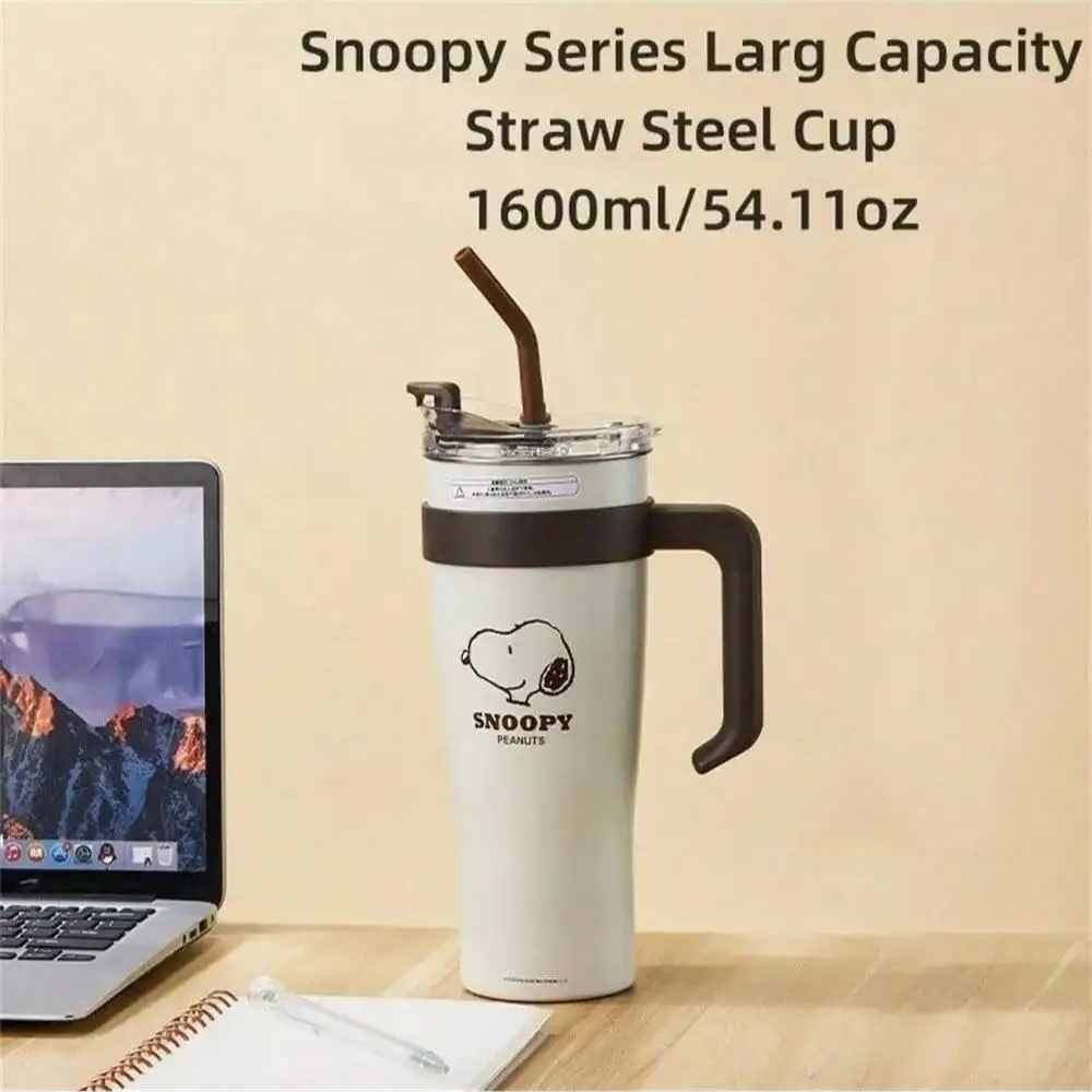 سنوبي سلسلة 1600 مللي/54.11 أوقية العملاق القش الصلب كوب أنيمي الكرتون المحمولة سعة كبيرة زجاجة ماء الترمس فنجان القهوة هدية
