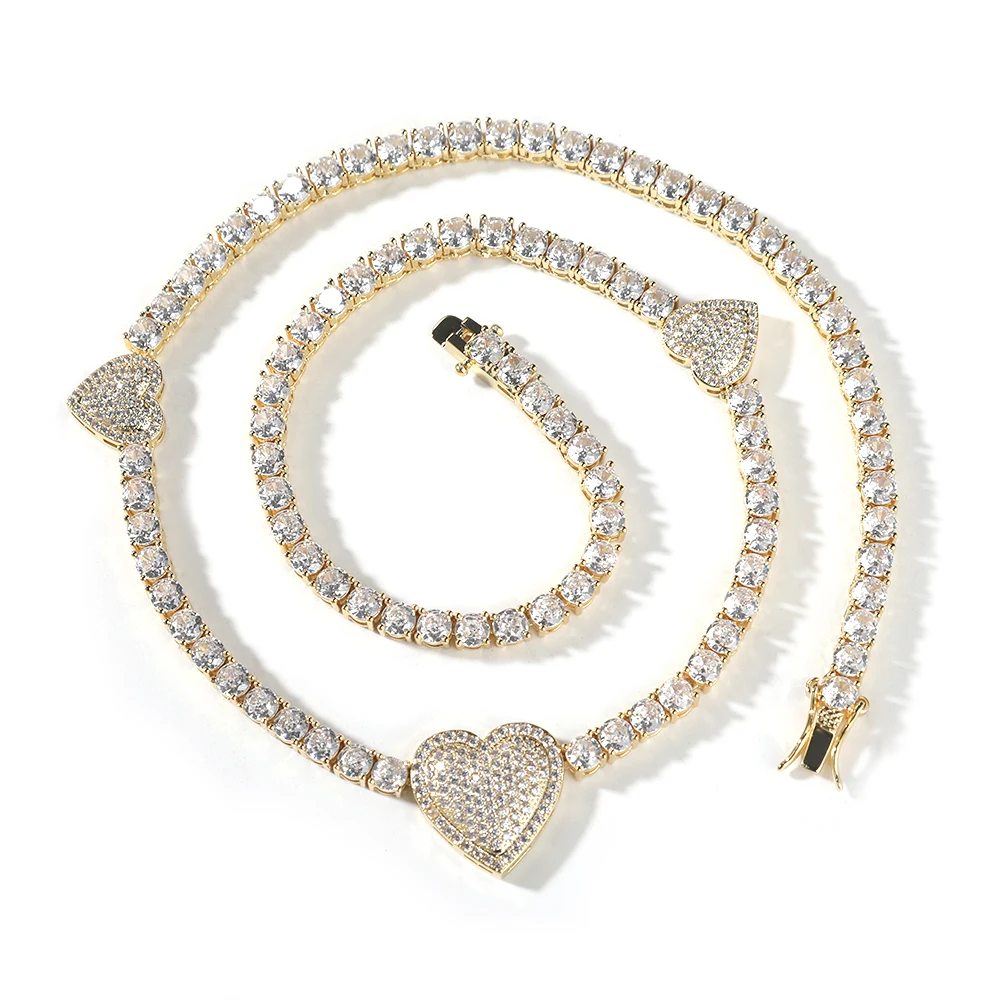 THE BLING KING Iced 3 Hearts Tennis Chain Micro Paved Out Cubic Zirconia 4mm Link Necklace Best Gift For Women Hiphop Jewelry