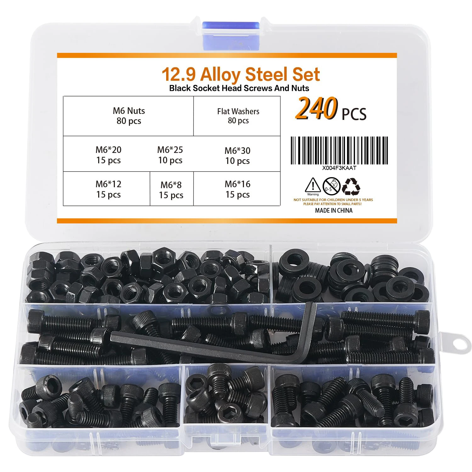 

A complete set of 240 M6 12.9 grade alloy steel hexagonal head nuts and bolts, including M6 nuts, M6 washers and 1 hexagonal wre