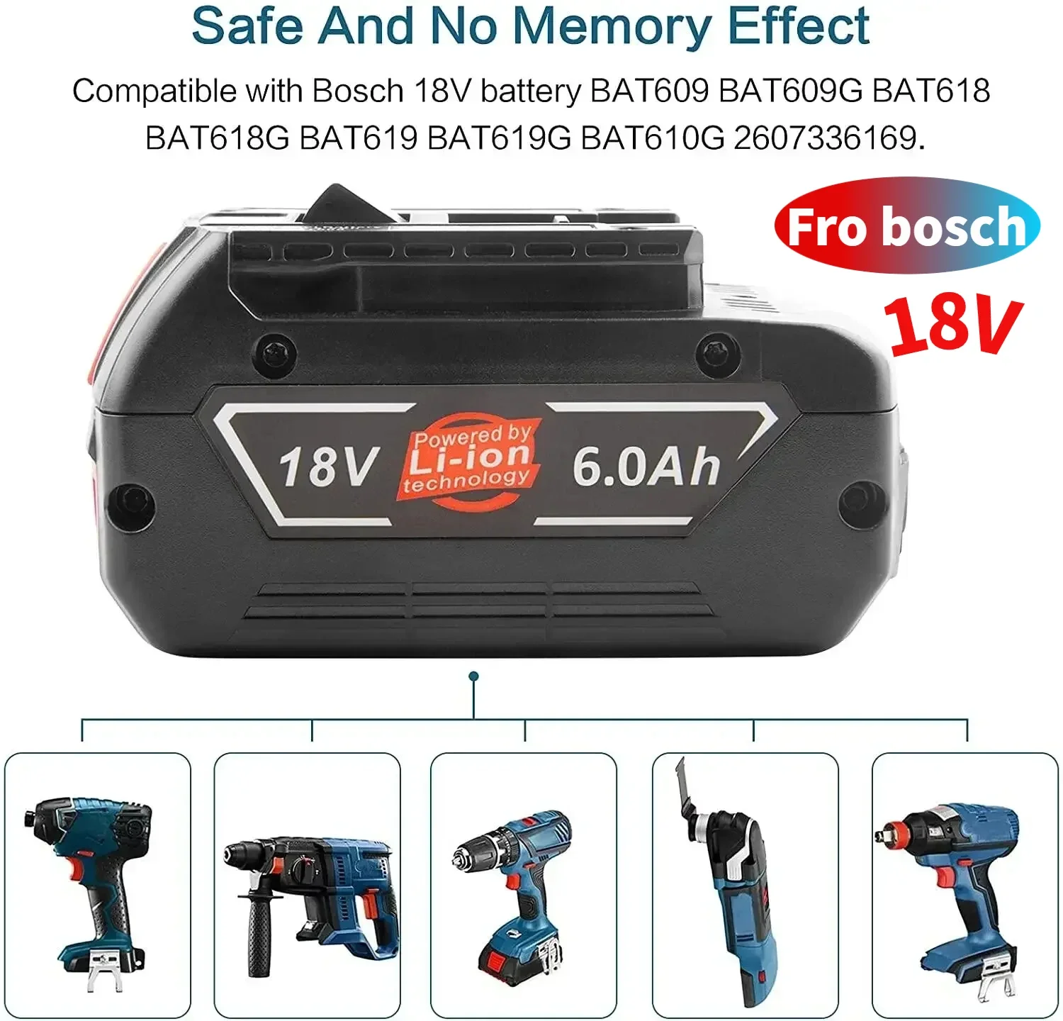 

New 18V Battery 6.0Ah forBosch Electric Drill 18V 6000mAh Rechargeable Li-ion Battery BAT609, BAT609G, BAT618, BAT618G, BAT614