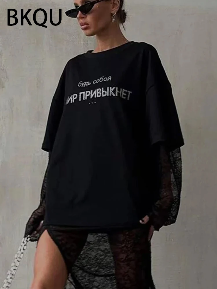 BKQU Solid Black Oversized T shirts Women 2000s American Rhinestone Letter Short Sleeve Loose Tees Shirt Luxury Higt Street Tops