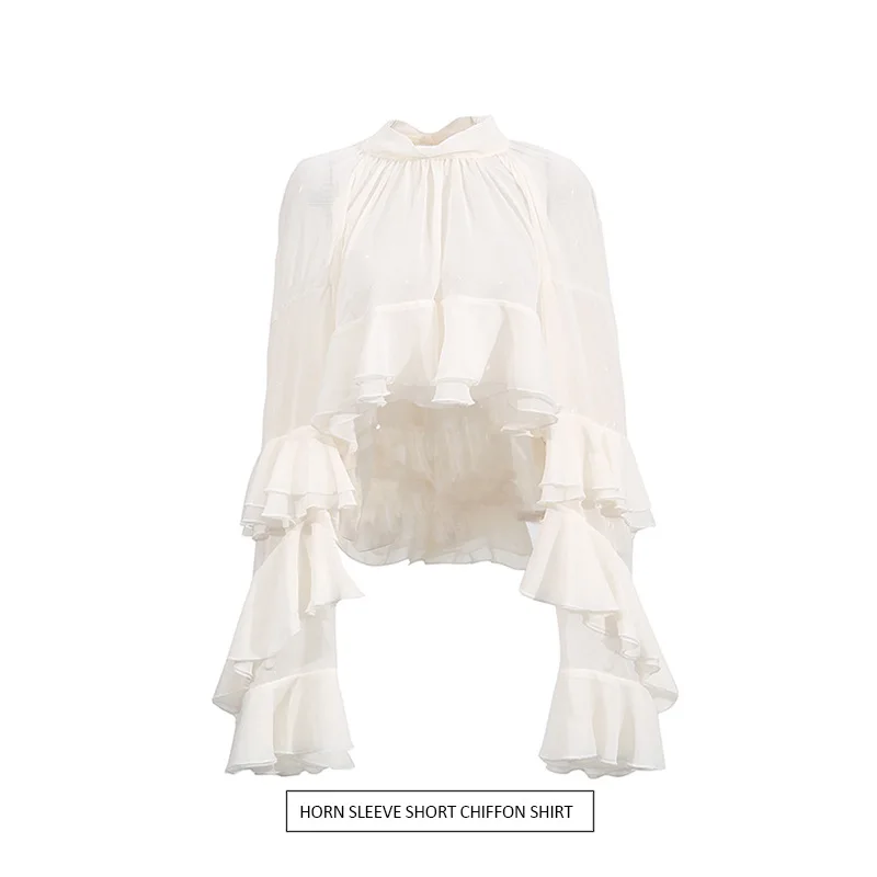 

Women's Blouse Casual Long-sleeved Cascading Ruffle Edge Short Chiffon Shirt Stand Collar Flare Sleeve Pullover Blouse