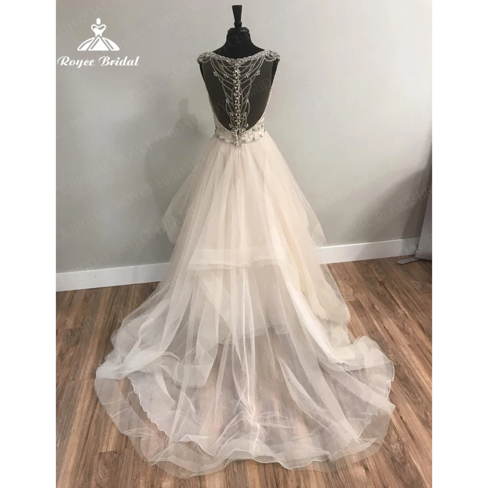 Exquisite Rüschen Kristall Perlen V-ausschnitt Hochzeit Kleid Sweep Zug Cut-out Brautkleider Nach Maß Hochzeit Empfang Kleid