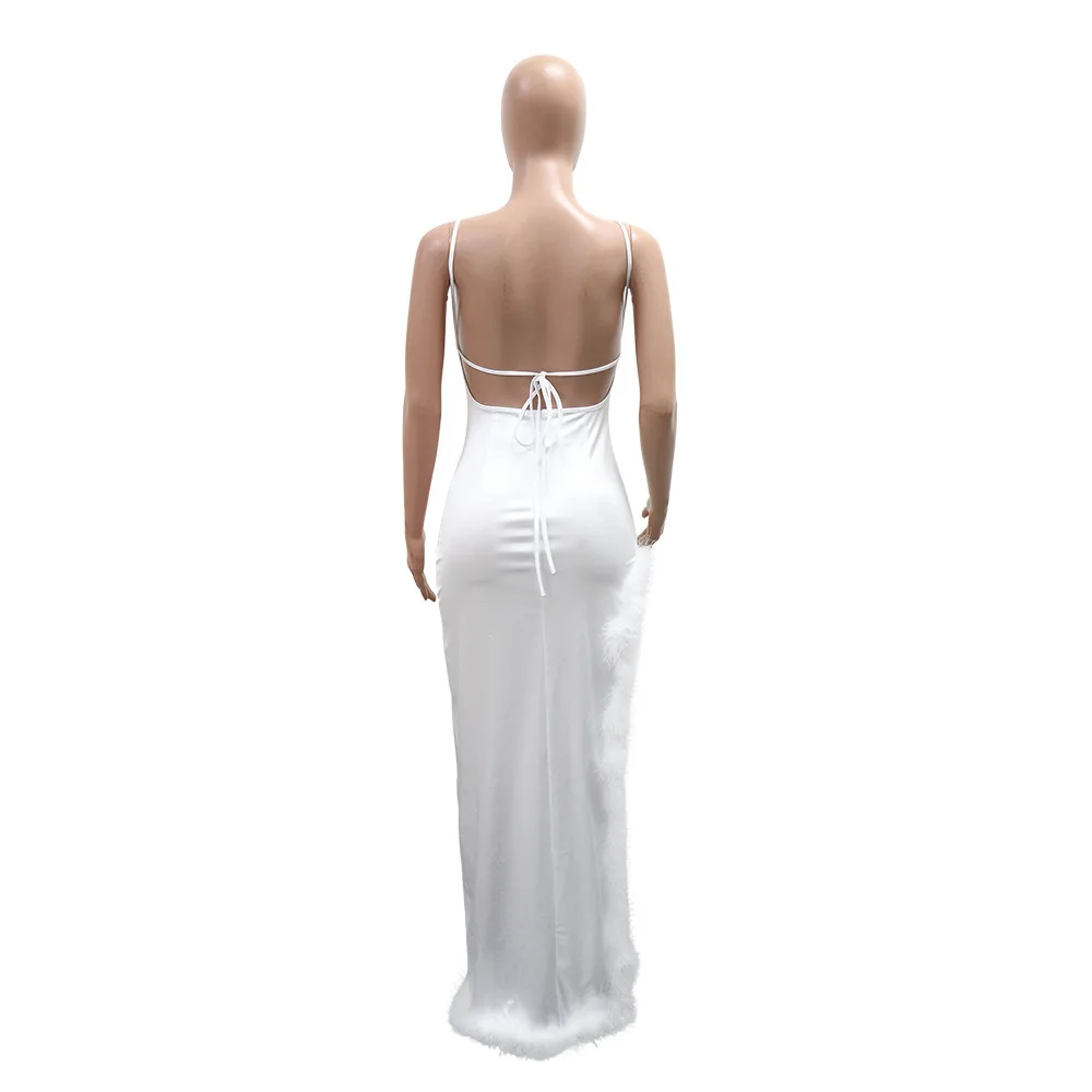 HLJ Sexy High Slit Fur Patchwork Bodycon Long Dress Women Summer New Solid Spaghetti Strap Backless Dresses Female Streetwear