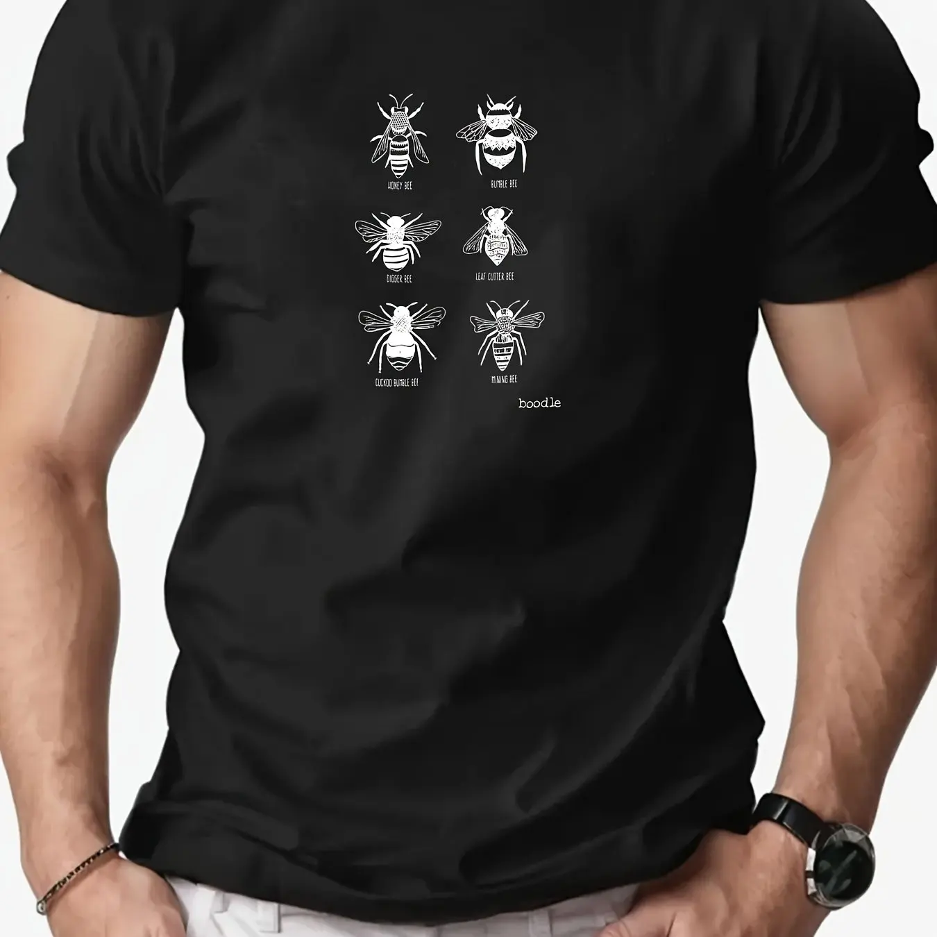 

Men Summer Casual Crew Neck T-Shirt with Bee Pattern Cotton Knit Fabric Slight Stretch Regular Fit Men Clothing