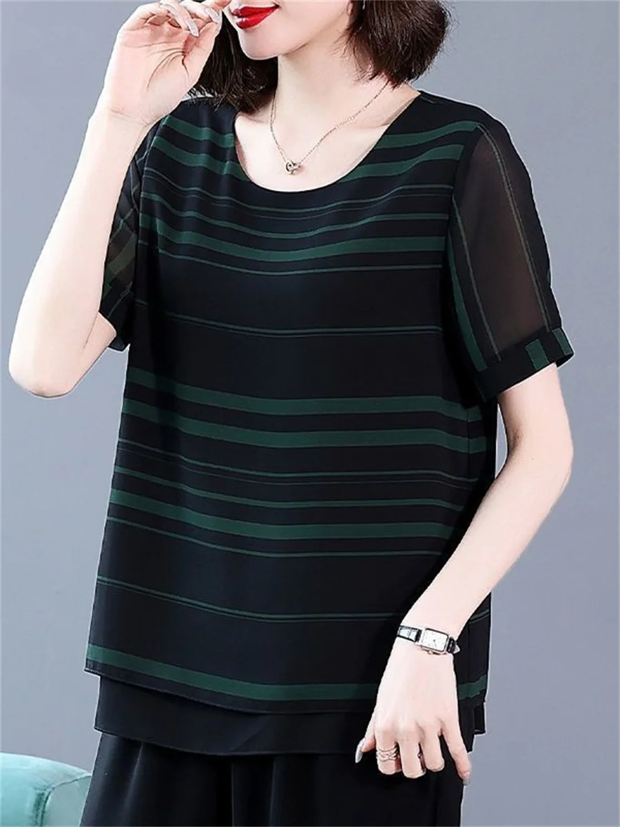 

Women Spring Summer Blouses Shirts Lady Fashion Casual Short Sleeve O-Neck Collar Sexy Lace Stripe Blusas Tops TT2175