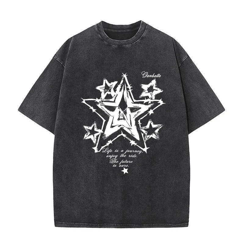 Star Vintage Street Fashion T-shirts Short Sleeve Casual Comfortable Cooton Washed  Tshirts Harajuku Popular Trendy Gothic Tees