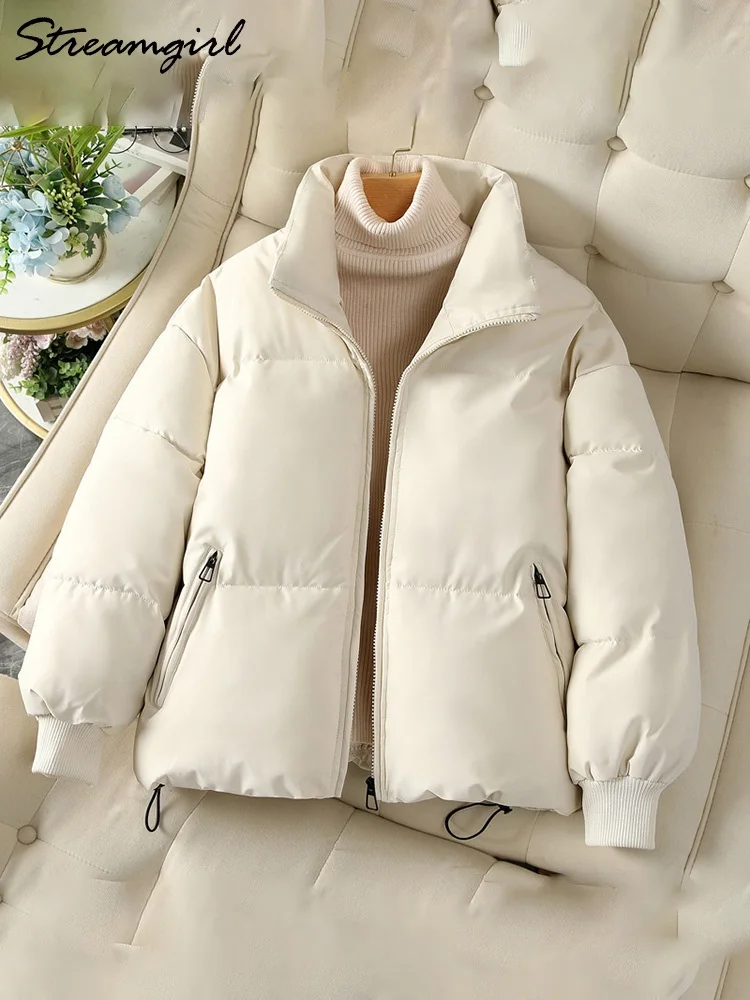 Loose Short Down Cotton Jackets Women Winter Warm Thick Coats Padding Outwear Short Winter Down Quilted Jackets Beige Women