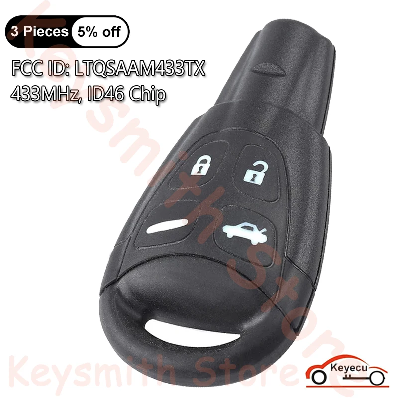 

KEYECU 4Buttons 433MHz ID46 Chip for SAAB 9-3 9-5 2003 2004 2005 2006 2007 2008 2009 2010 Auto Smart Remote Key Fob LTQSAAM433TX