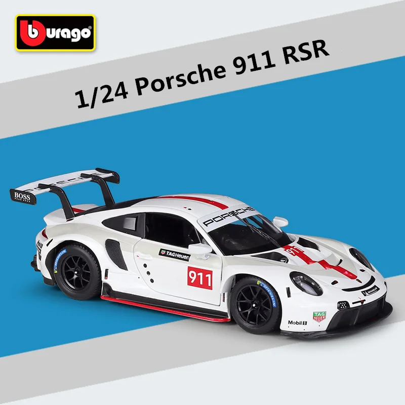 Bburago-Modèle de voiture de course Porsche 911 RSR en alliage moulé sous pression, jouet en métal, modèle de voiture de sport, haute simulation,