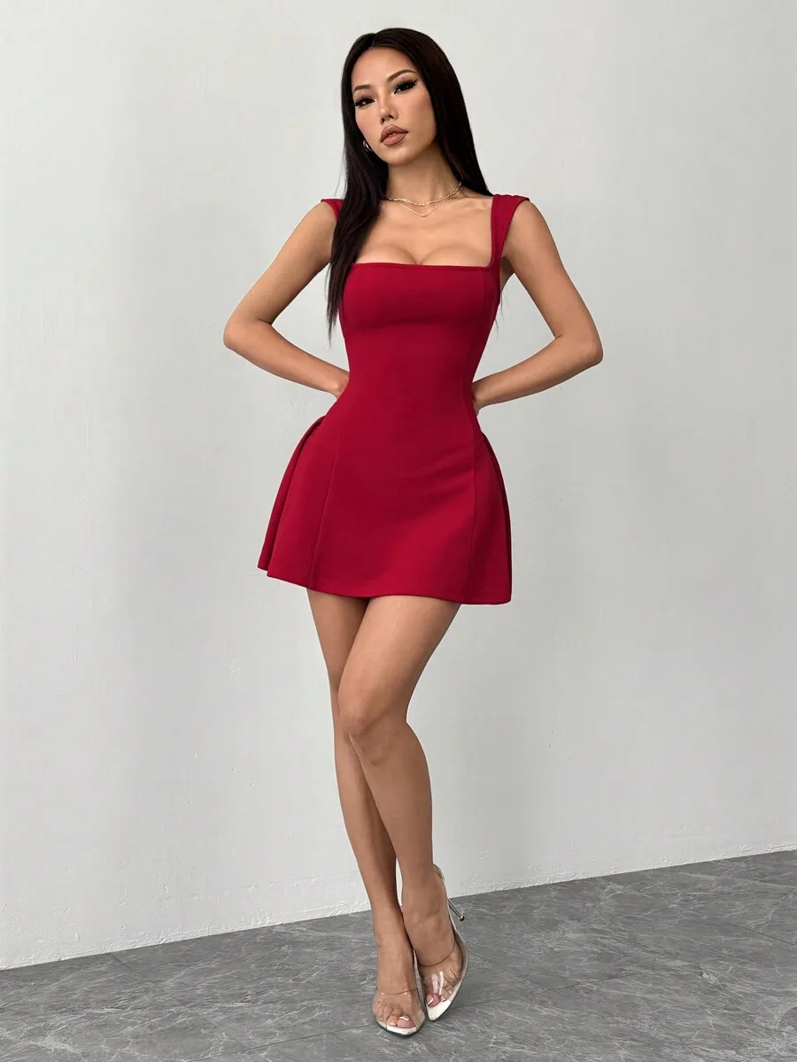 

Women's Red Square Neck Mini Dress with Flared Skirt, Stretchy Fit for Party or Festival