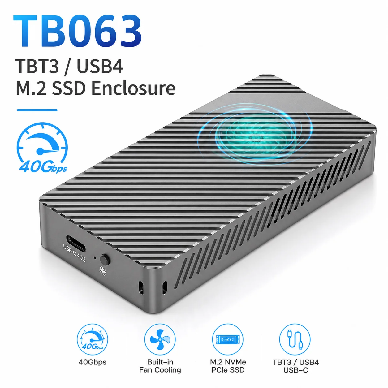 Thunderbolt 3/USB4 M.2 NVMe/SATA SSD Enclosure 40Gbps PCIe Gen4x4 Built-in Fan Cooling 8TB Max Aluminum Case 2230-80 SSDs ODM