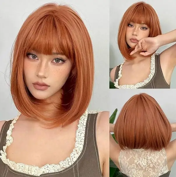 Light Orange Short Straight Synthetic Wigs Natural Hair Wig with Bangs for Women Cosplay Cute Wig Heat Resistant