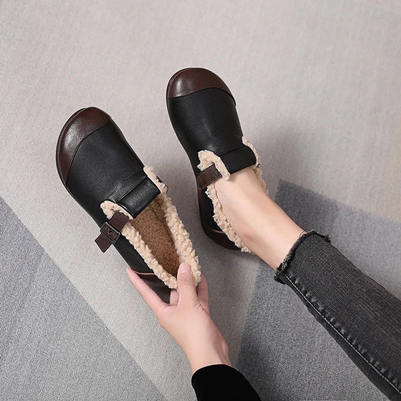 Koznoy 1.5cm Retro Ethnic Genuine Leather Big Size Winter Mixed Color Women Soft Oxford Soled Flat Warm Fur Buckle Loafers Shoes