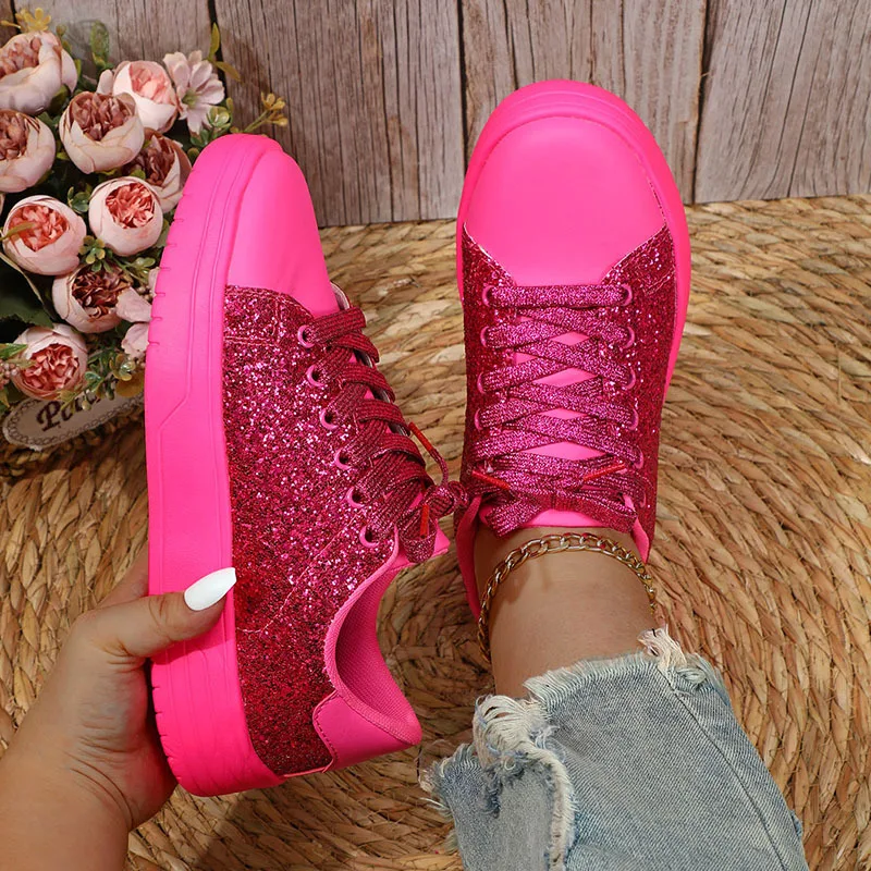 Bling Bling Sequins Decor Lace-up Flats Sneakers for Women Daily Casual Round Toe Pink Sports Shoes Spring Going Out Flats