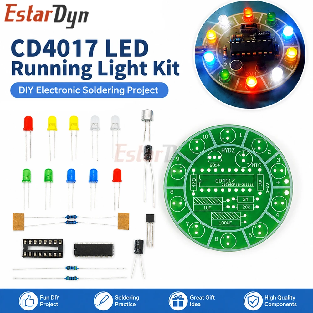 

CD4017 DIY Electronics Kit, Colorful Voice Control Rotating LED Light Module for Hobby Fun Soldering Project