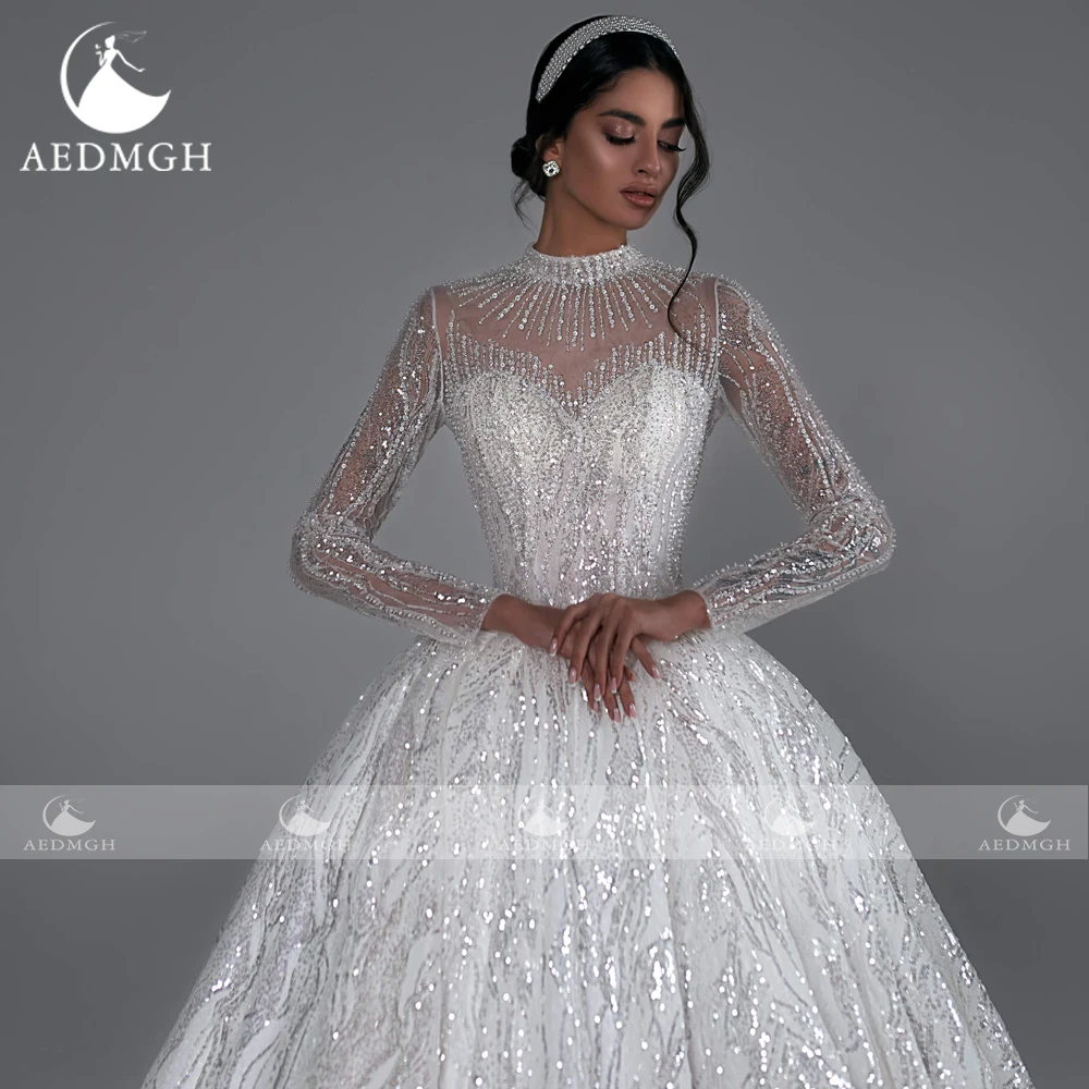 Aedmgh Ball Gown Gorgeous Wedding Dresses High Neck Long Sleeve Vestido De Novia Lace Sequined Shiny Custom Made Bridal Gown