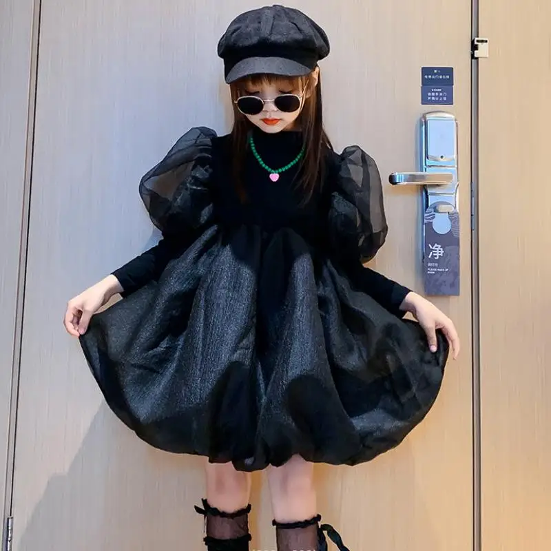 

Baby Girl Puff Sleeve Dress Spring Autumn New Black Elegant Mesh Patchwork Long Sleeve Dress Kids Ball Gown Vestidos Wz917
