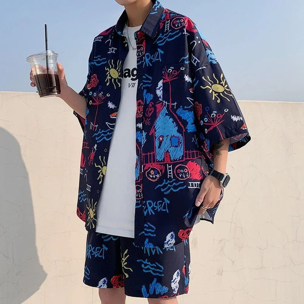 Beach Wear Clothes Men Hawaiian Shirt Set 2024 Summer Sea Side Vocation Clothing Loose Fit Quick Dry 2 Piece Set Outfits