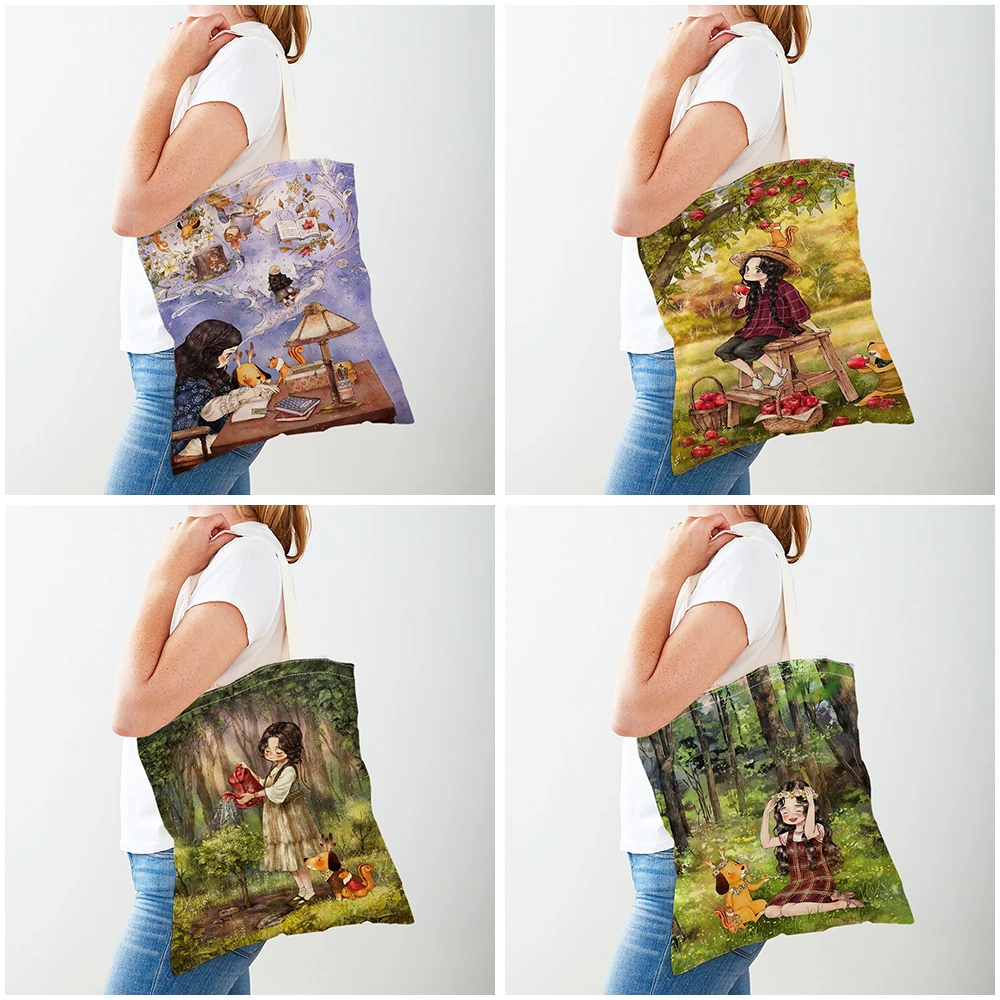 Cute Cartoon Girl Fashion Shopping Shoulder Bag for Women Shopper Bags Double Print Casual Children Canvas Tote Travel Handbag