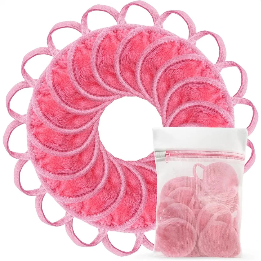 18パック 再利用可能なメイク落としパッド 洗えるランドリーバッグ付き 再利用可能なマイクロファイバーラウンドタオル スキンフェイスタオル ソフトメイクアップ