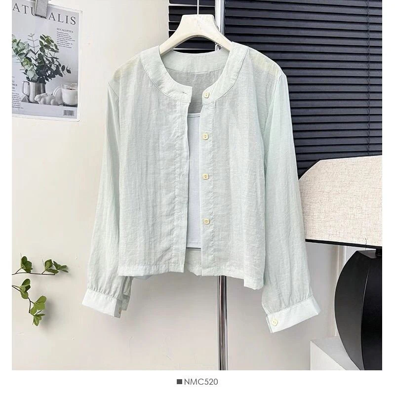 قميص نسائي أنيق بياقة مستديرة وأكمام طويلة، ملابس خارجية للحماية من الشمس، تصميم مريح، صيف 2025، أسلوب كوري عصري