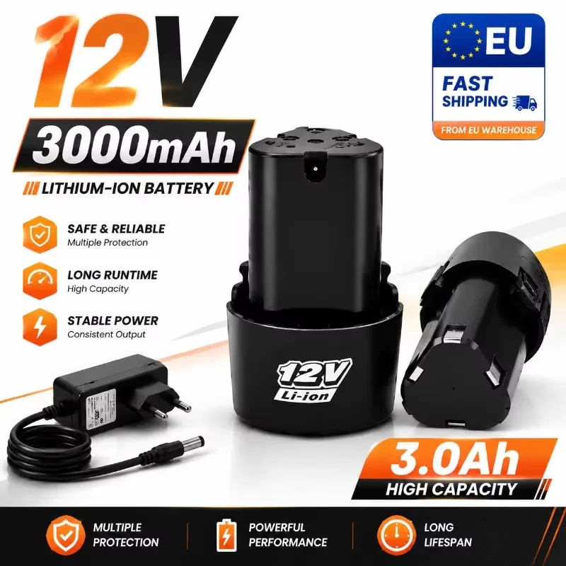 12V 3000mAh Li-Ion wiederaufladbare Lithium-Batterie mit intelligentem BMS-Schutz, kompatibel mit Elektroschrauber, Bohrmaschine, Mini-Winkelschleifer und multifunktionalen kabellosen Werkzeugen,