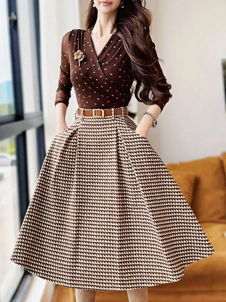 Dabuwawa Bird Lattice Empire Skirt Binding Urban Elegant Ruched Vintage Women Belt Bottom New In Y2k Clothes DA1CSK004