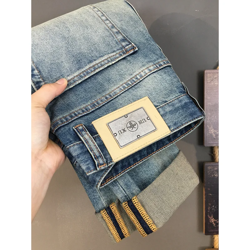 

Heavy retro jeans for men, fashionable, nostalgic, washed, trendy brand, ripped hole patch, slim fit, small straight leg pants