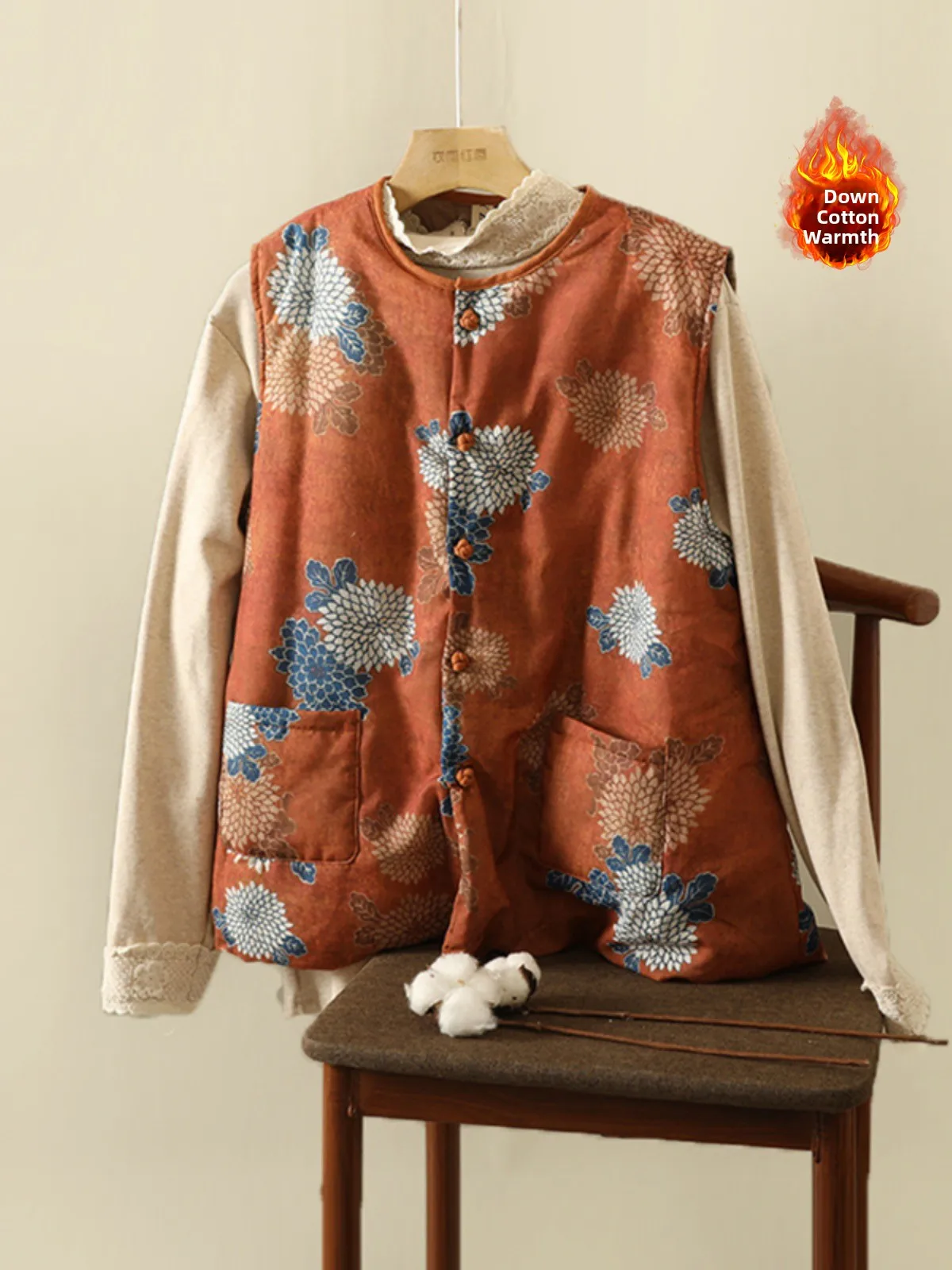 

Хлопковый теплый жилет в стиле ретро с цветочным принтом, верхняя одежда, женский свободный повседневный жилет с двойной круглой подушечкой Ne Svel