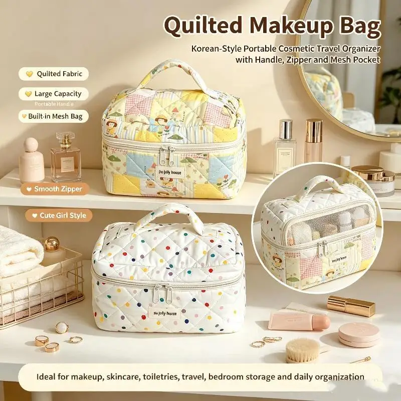 Fashion Colorful Dots Large Capacity Cosmetic Quilted Bag Portable Tote Travel Make Up Storage Bags Women Cotton Handbags Gift