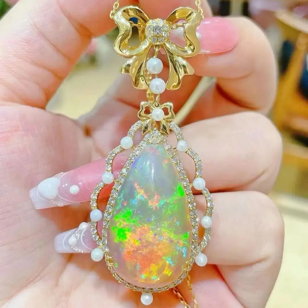 

natural opal pendant 18K yellow gold with diamond and pearl bowknot genuine luxury jewelry fine women jewelry